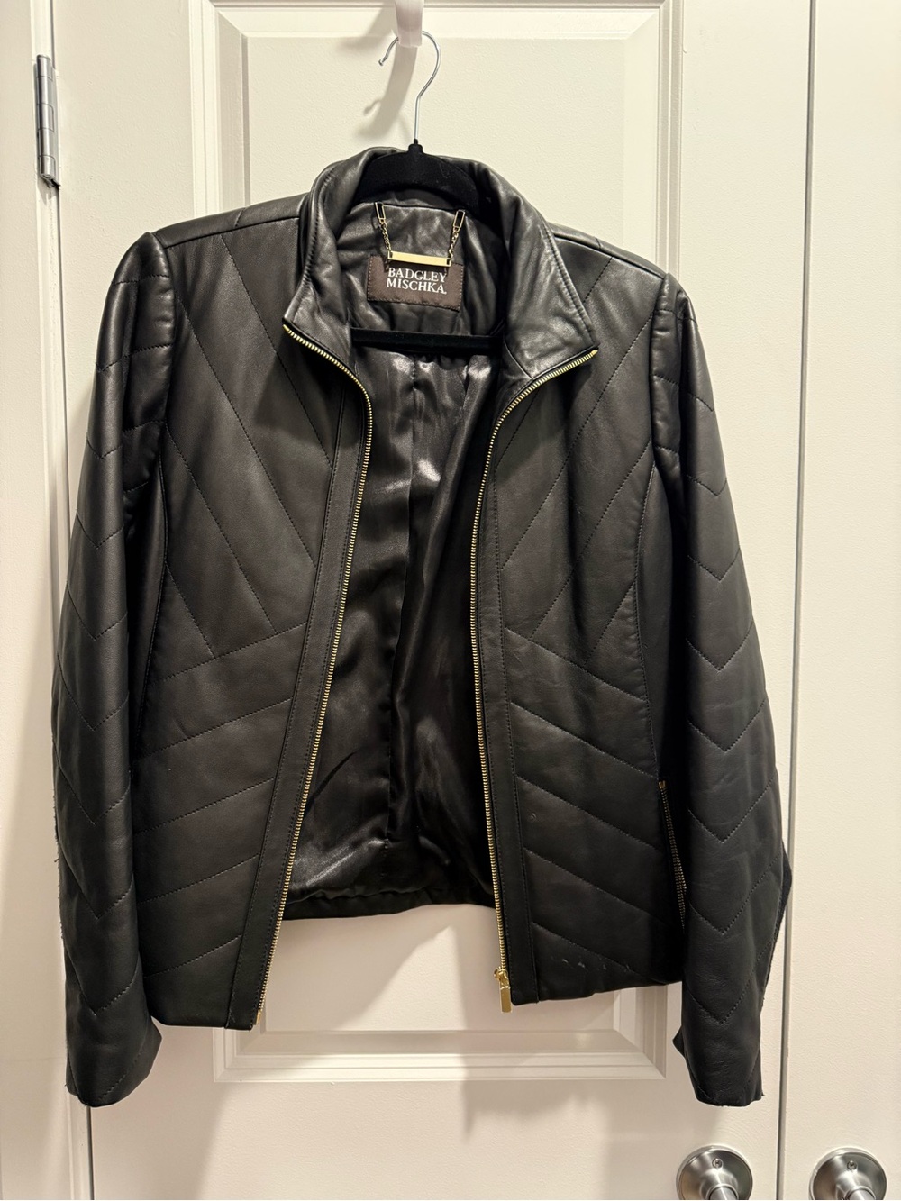 Badgley Mischka Black Leather Coat with Gold Chain Hanger